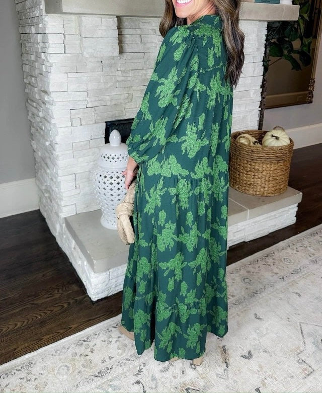 R1300 Green V neck Three-quarter Sleeves Maxi Dress