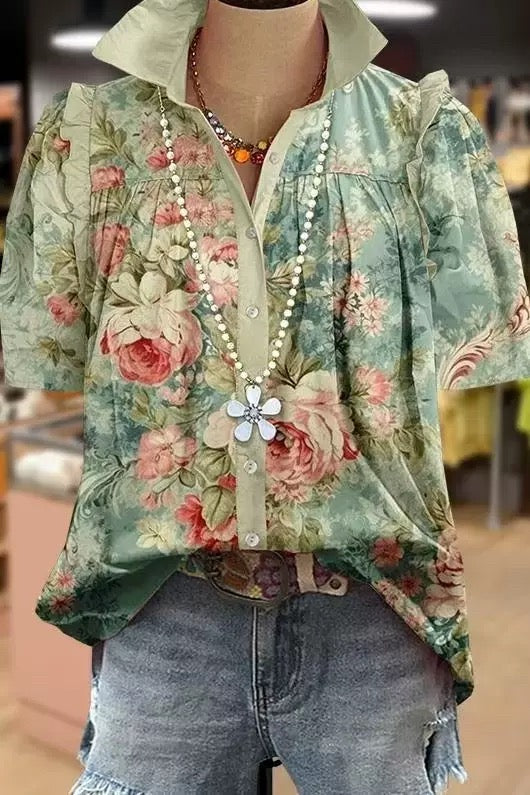 R1592 Short Sleeve Button Front Floral Blouse