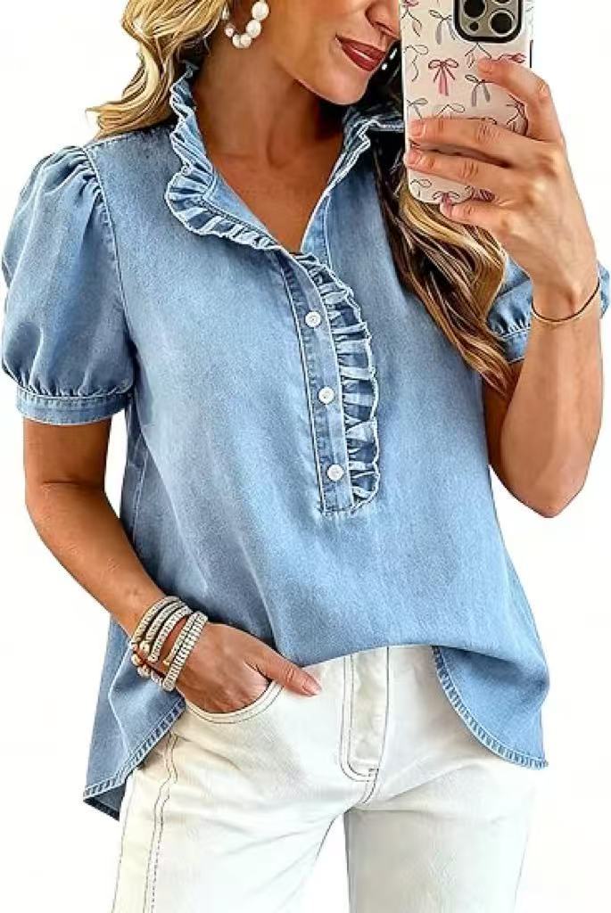D5536 Ruffle Collar Denim Shirt