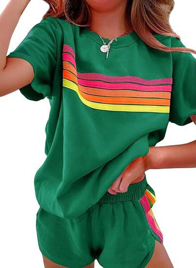 D4573 Rain Bow Patchwork Short Sleeve Two Pieces Set