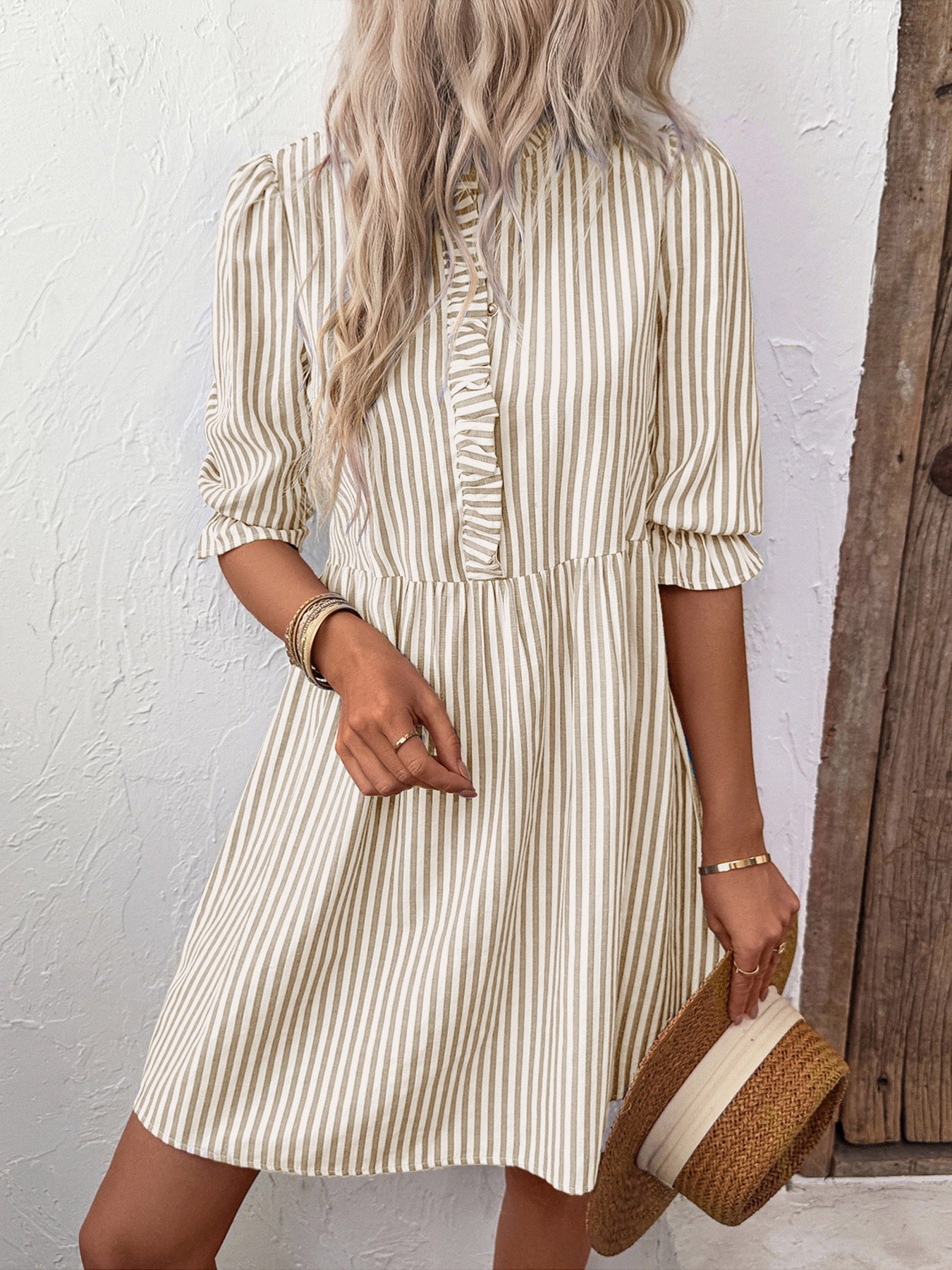 R1245 Bubble Sleeve Stand Collar Striped Dress for Women Summer