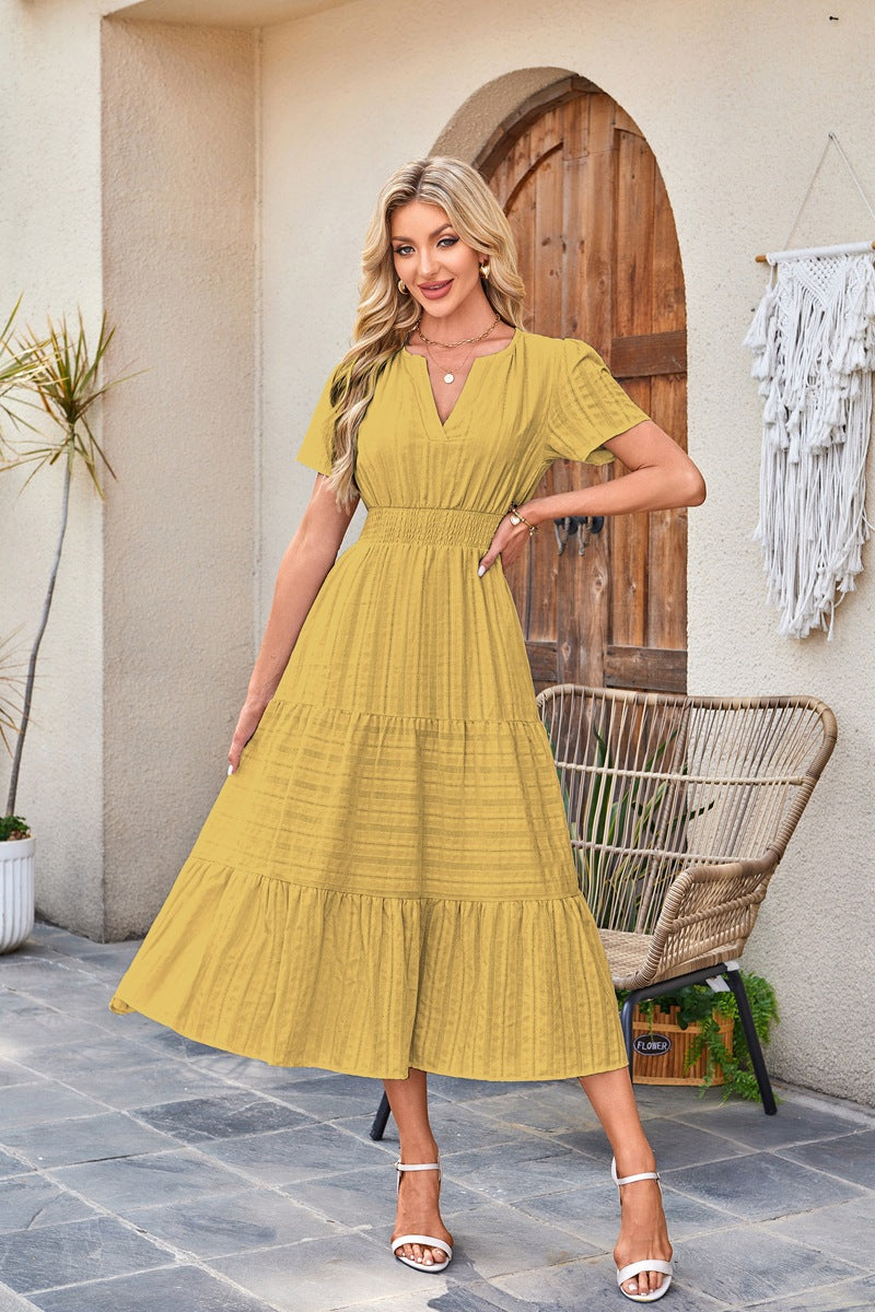 D5479 Solid Color Ruffle Dress Big Hem Long Dress