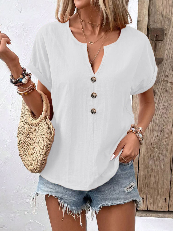 D5454 Short Sleeve Button Up V Neck Shirt