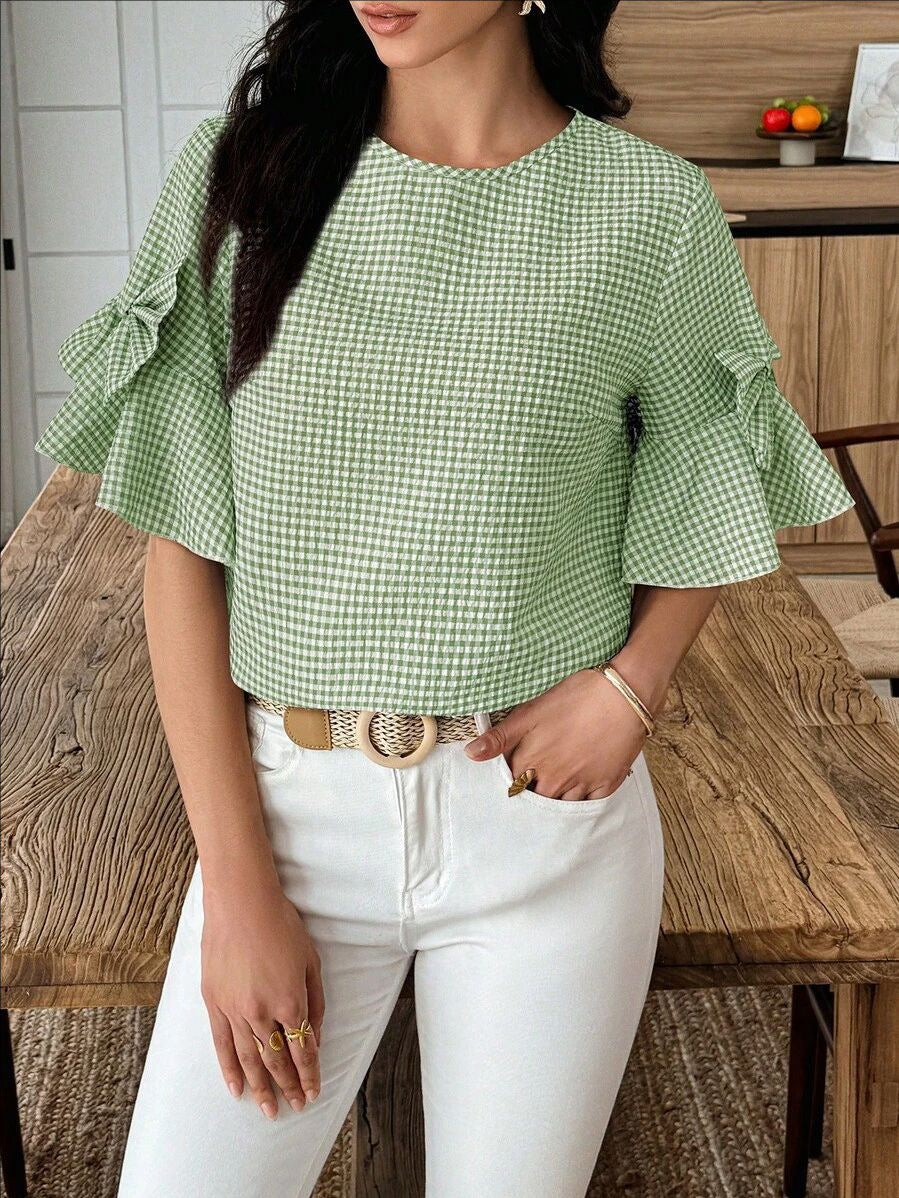 D5491 Bowknot decorated checkered top, ruffled cuffs, puffed sleeves top