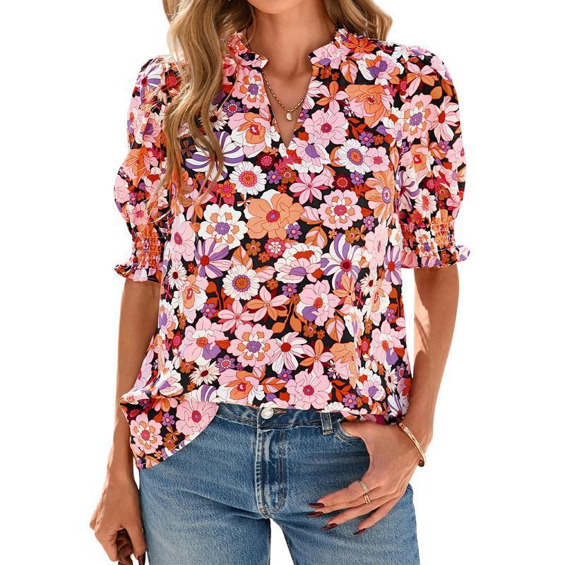 R5474 Puff Sleeve Floral Blouse