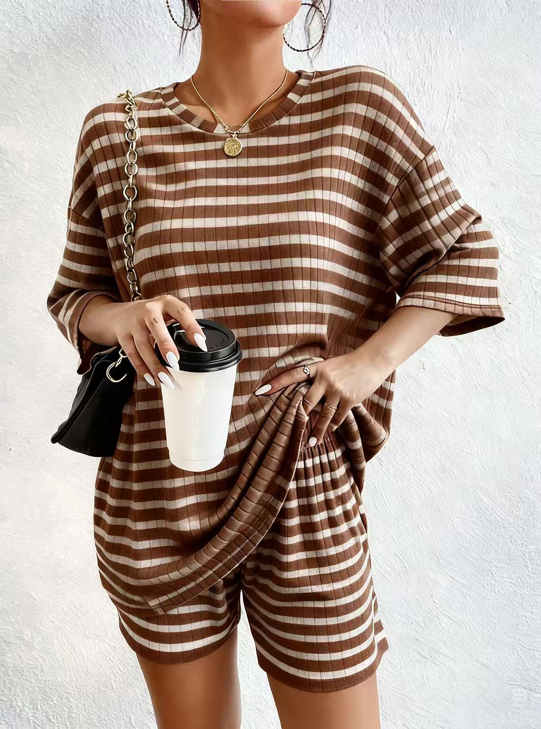 D5466 Spring Striped Two Pieces Ribbed Set