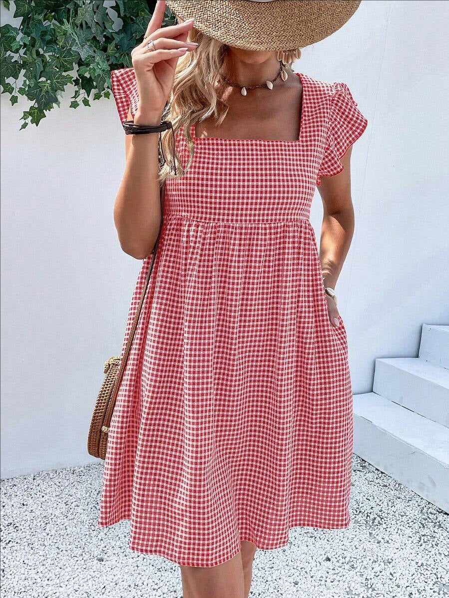 D5494 Ruffle Sleeve Checked Print Pocket Dress