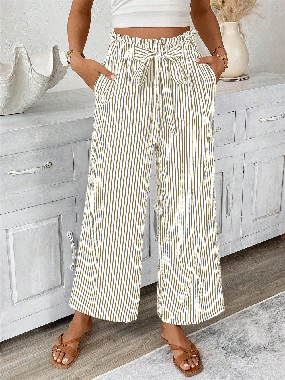D5453 Summer Bow Knot Stripe Pocket Pants