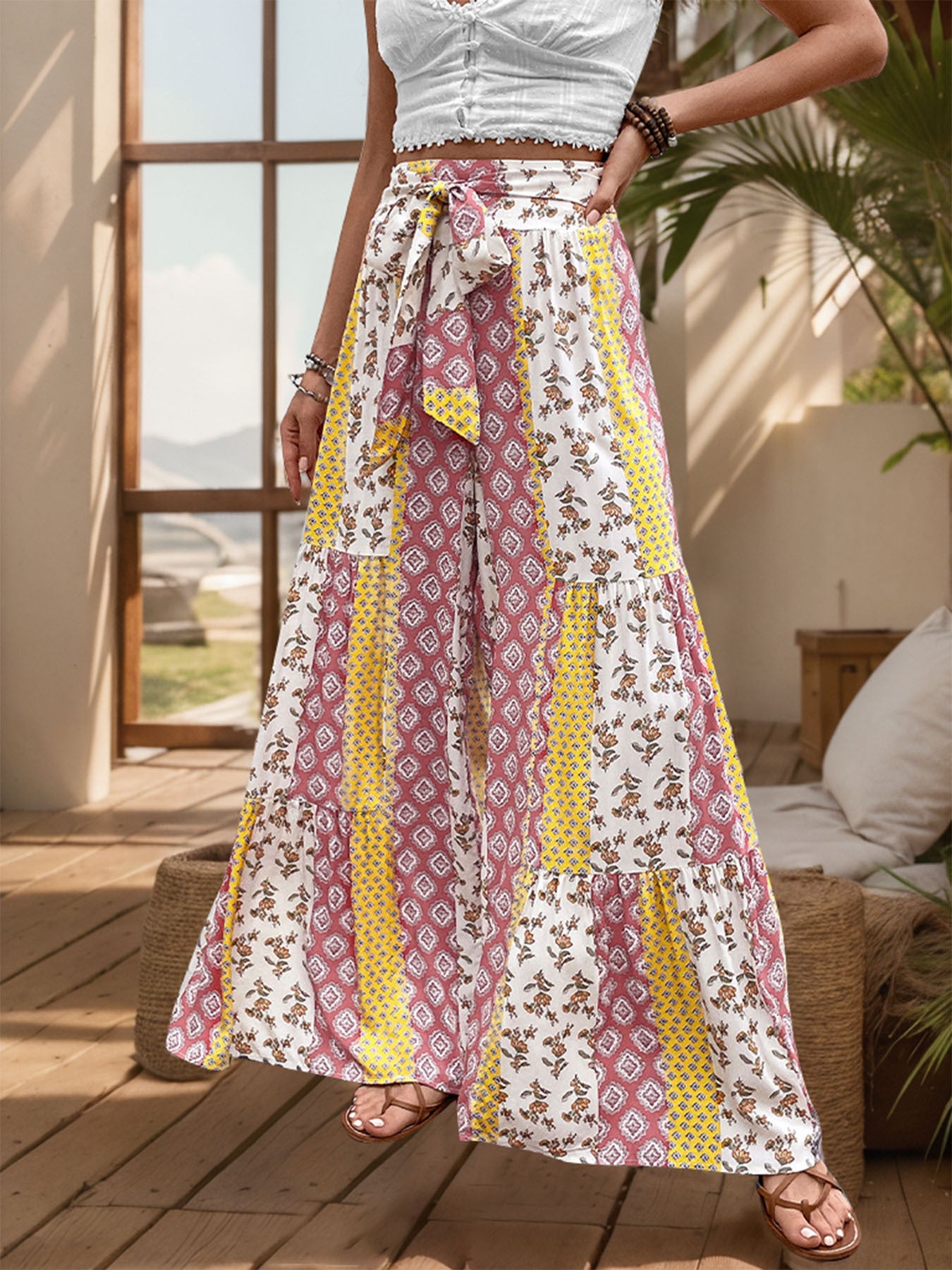 D5377 Summer Fashion Boho Style Wide Leg Pants