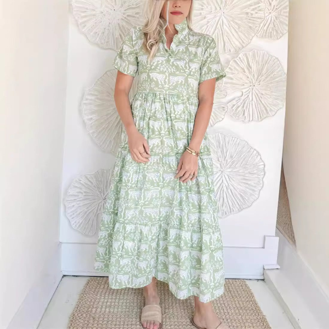 R1299 Green Leopard Print Long Dress