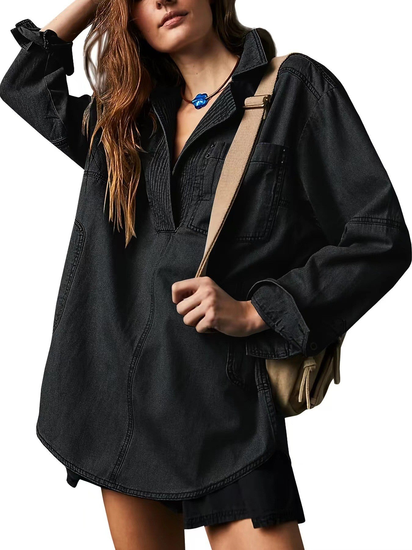 R1252 V neck Oversized Denim Top