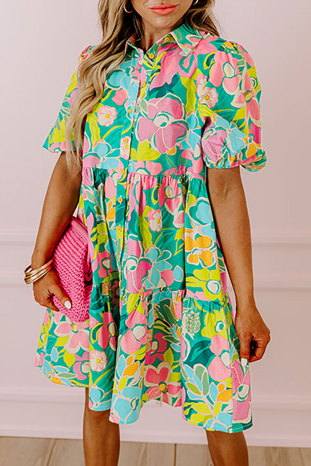 R1246 Floral Puff Sleeve Collar Buttoned Babydoll Dress
