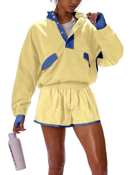 R1292 Color Block Patchwork Half Button Pullover and Shorts 2pcs Outfit