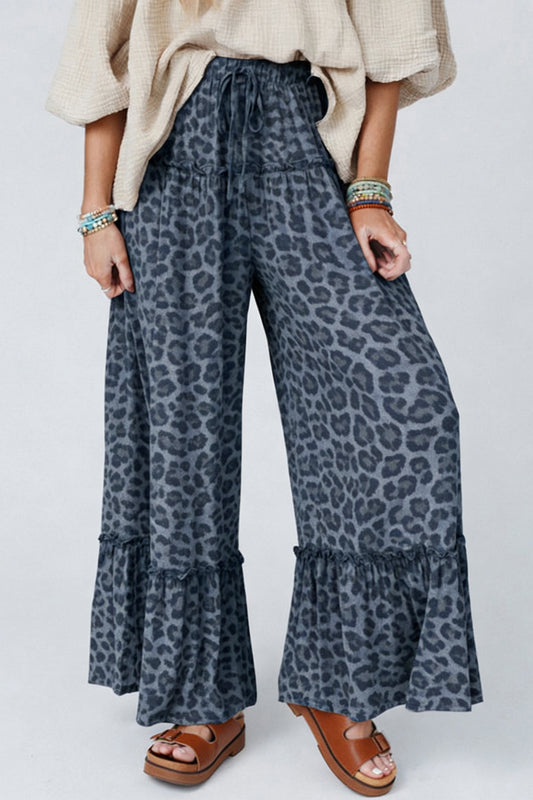 R1338  Leopard Print Frilled Detail Drawstring Wide Leg Pants