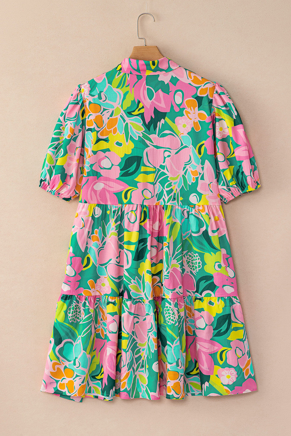 R1246 Floral Puff Sleeve Collar Buttoned Babydoll Dress