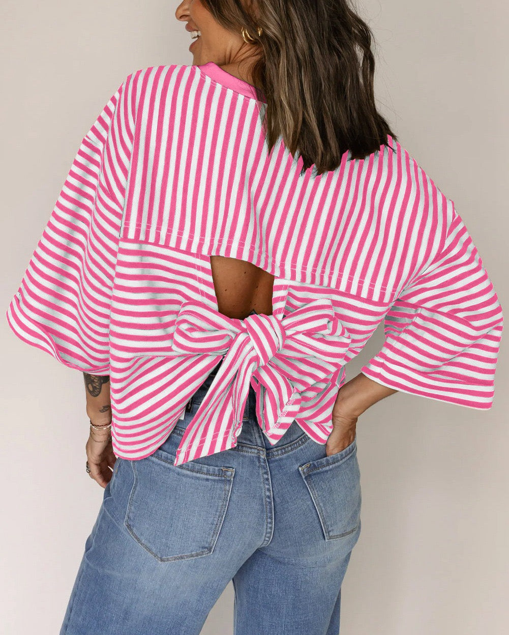R1257 Bowknot Cutout Back Stripe Shirt