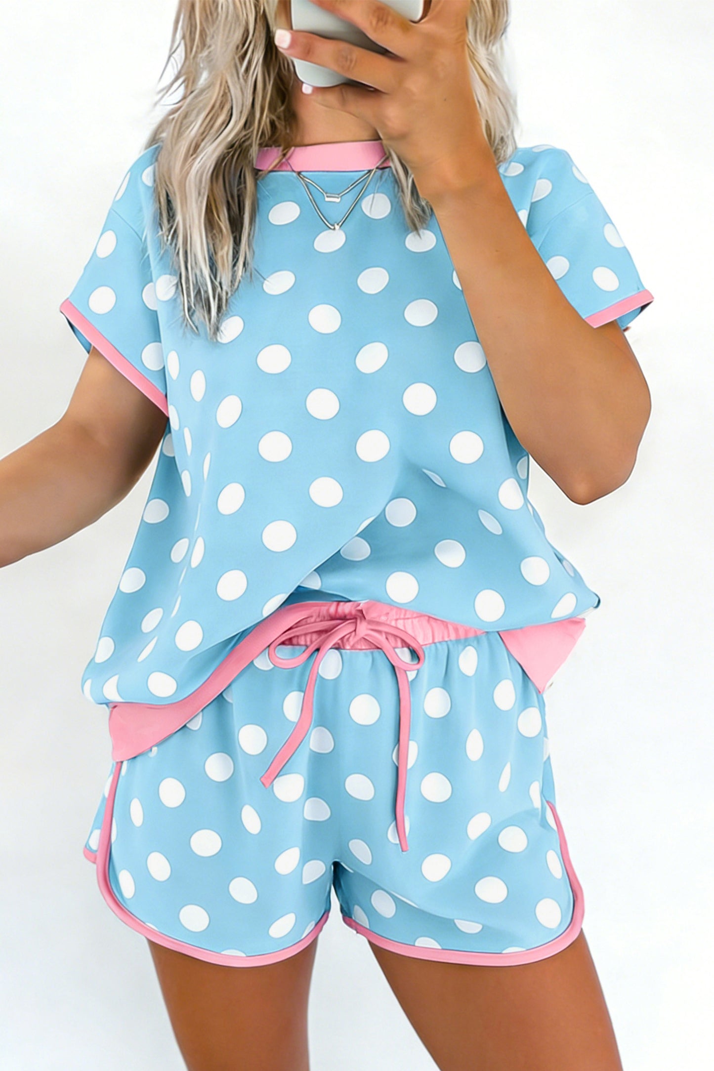 R1468 Polka Dot Contrast Edge Casual Short Set
