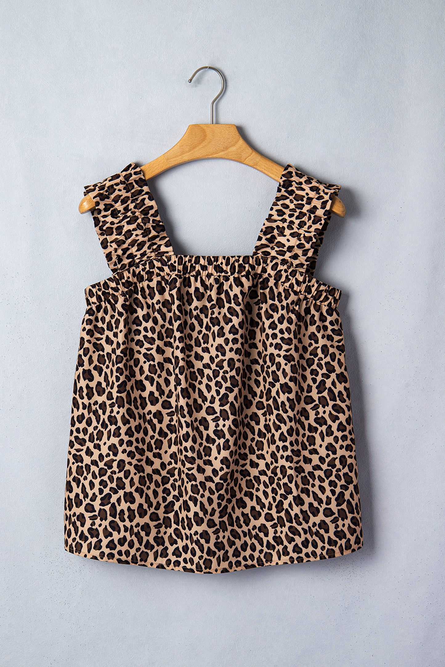 R1328 Brown Leopard Print Frilled Square Neck Tank Top