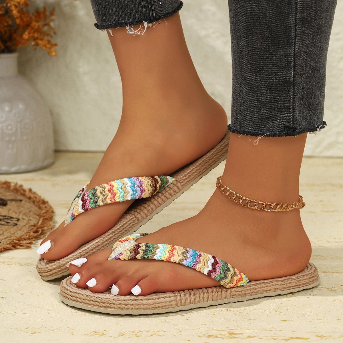 R1318 Khaki Bohemian Vacation Straw Woven Rainbow Strap Flip Flops