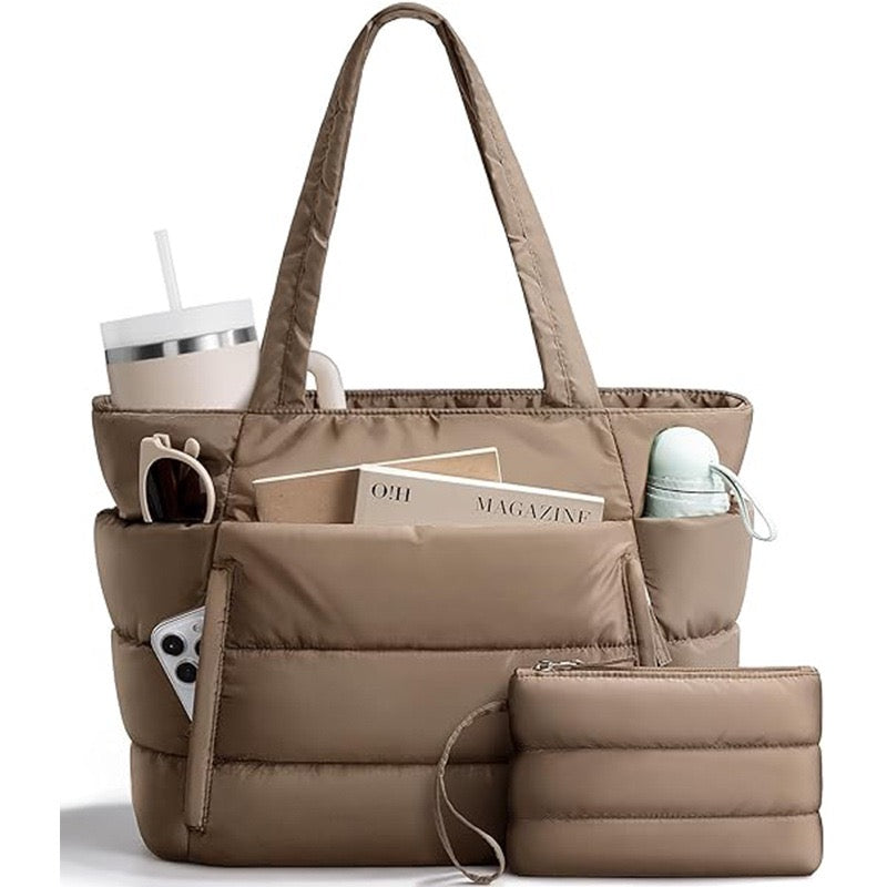 R1398 Solid Color Puffy Quilted Large Tote Bag
