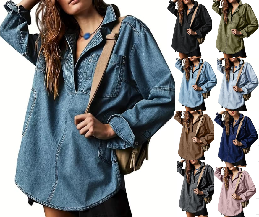 R1252 V neck Oversized Denim Top