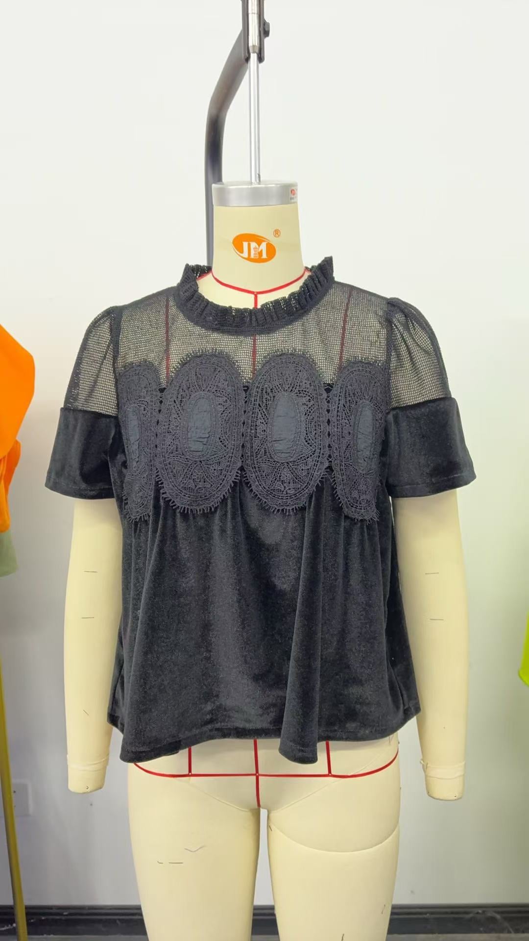 R1313 Lace & Corduroy Patchwork Babydoll Top