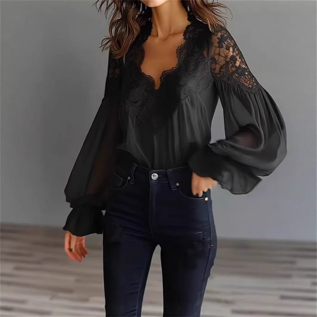 R1214 Lace-stitched puff sleeves pleated blouse