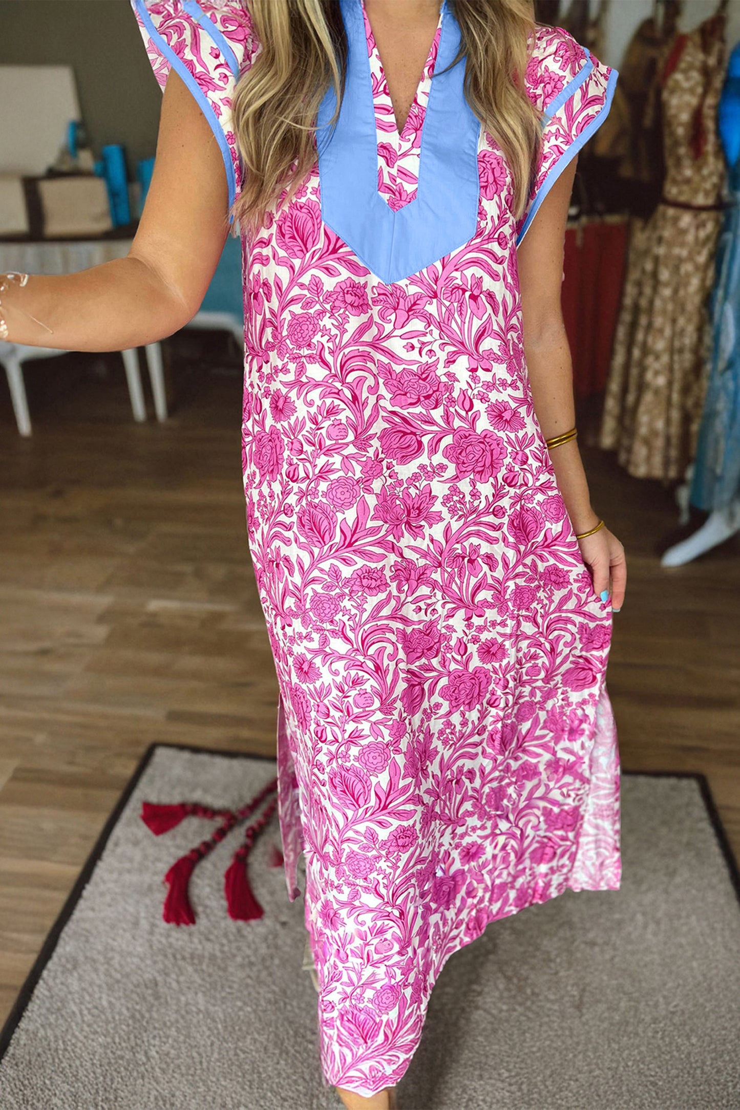 R1336 Floral Print Color Block Patchwork V Neck Short Sleeve Long Dress
