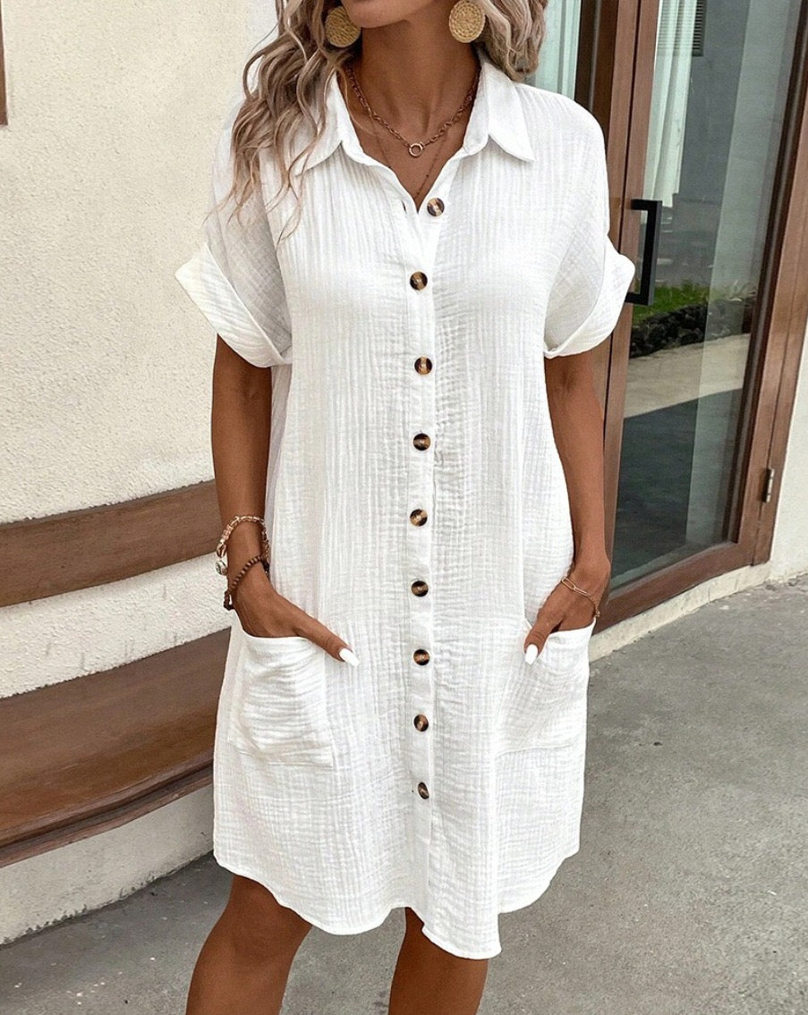 R1558 Linen Button Front Pocket Dress