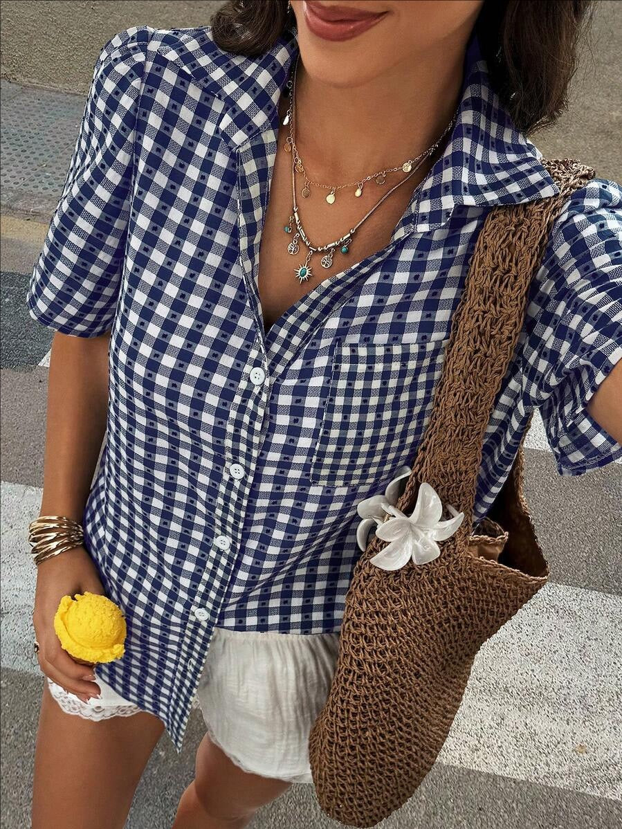 R1604 Summer Button Up Checked Blouse
