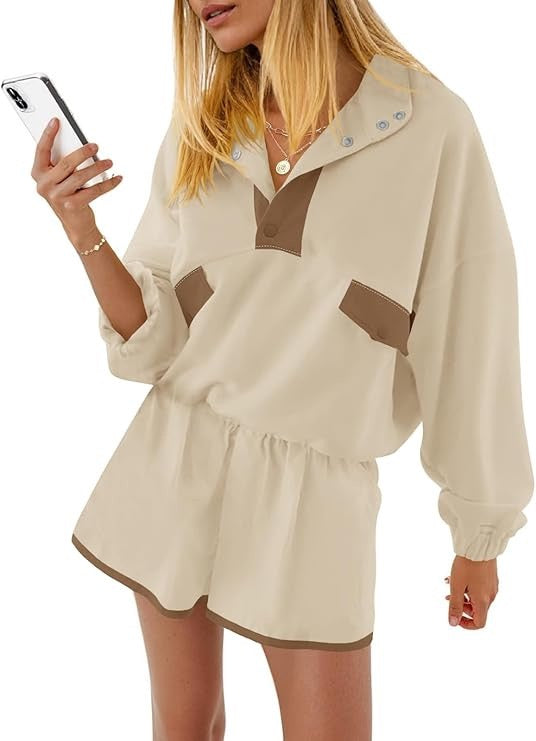 R1292 Color Block Patchwork Half Button Pullover and Shorts 2pcs Outfit