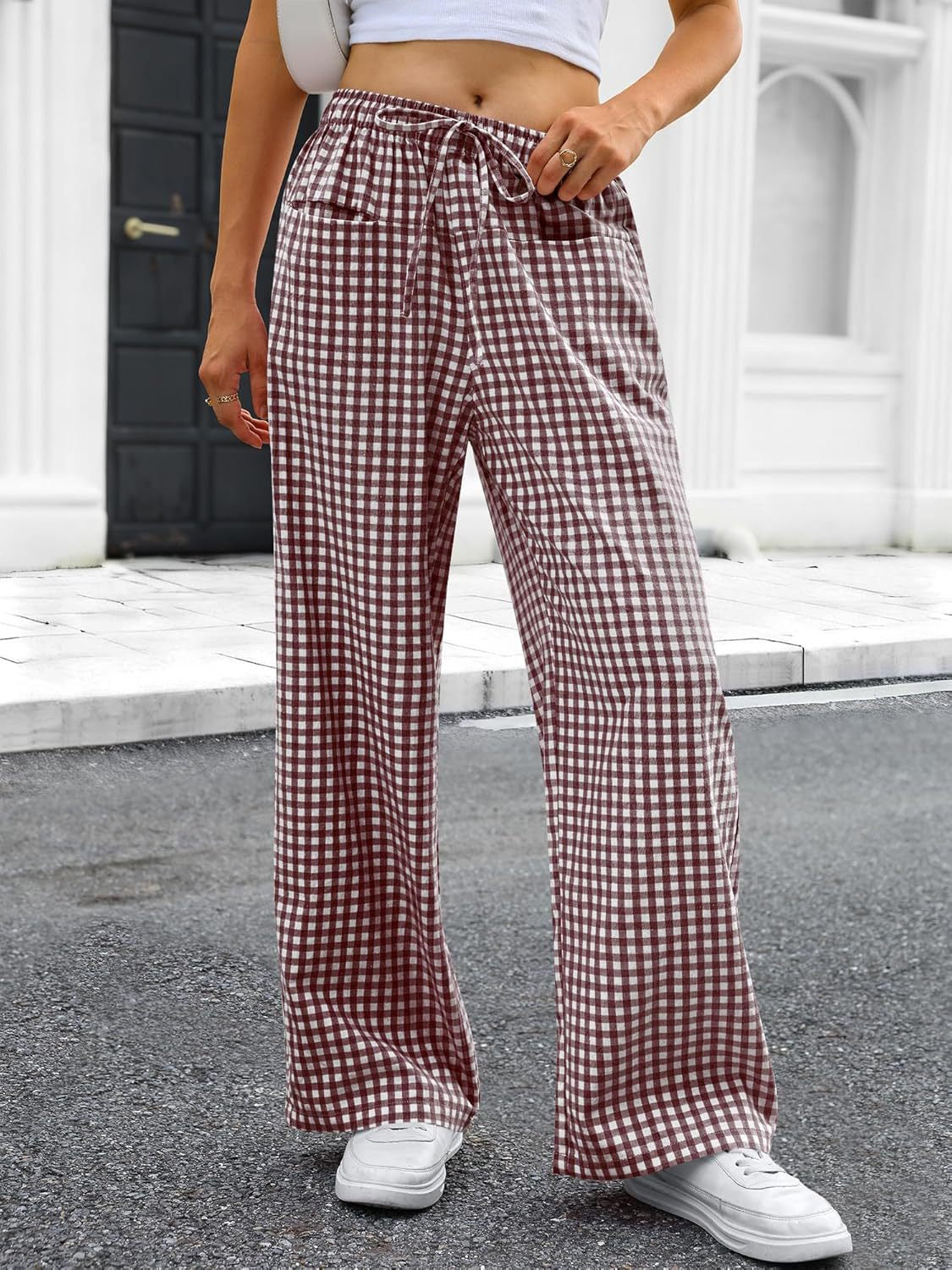 R1225 Women's High-Waisted Wide-Leg Plaid Drawstring Pajamas Pants