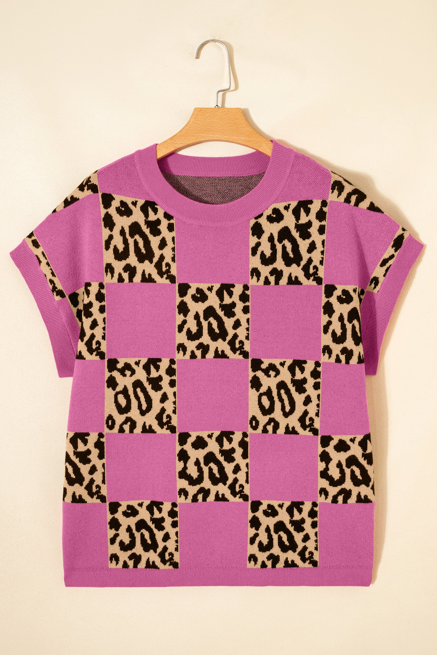D5333 Leopard Checkerboard Short Sleeve Knit Sweater