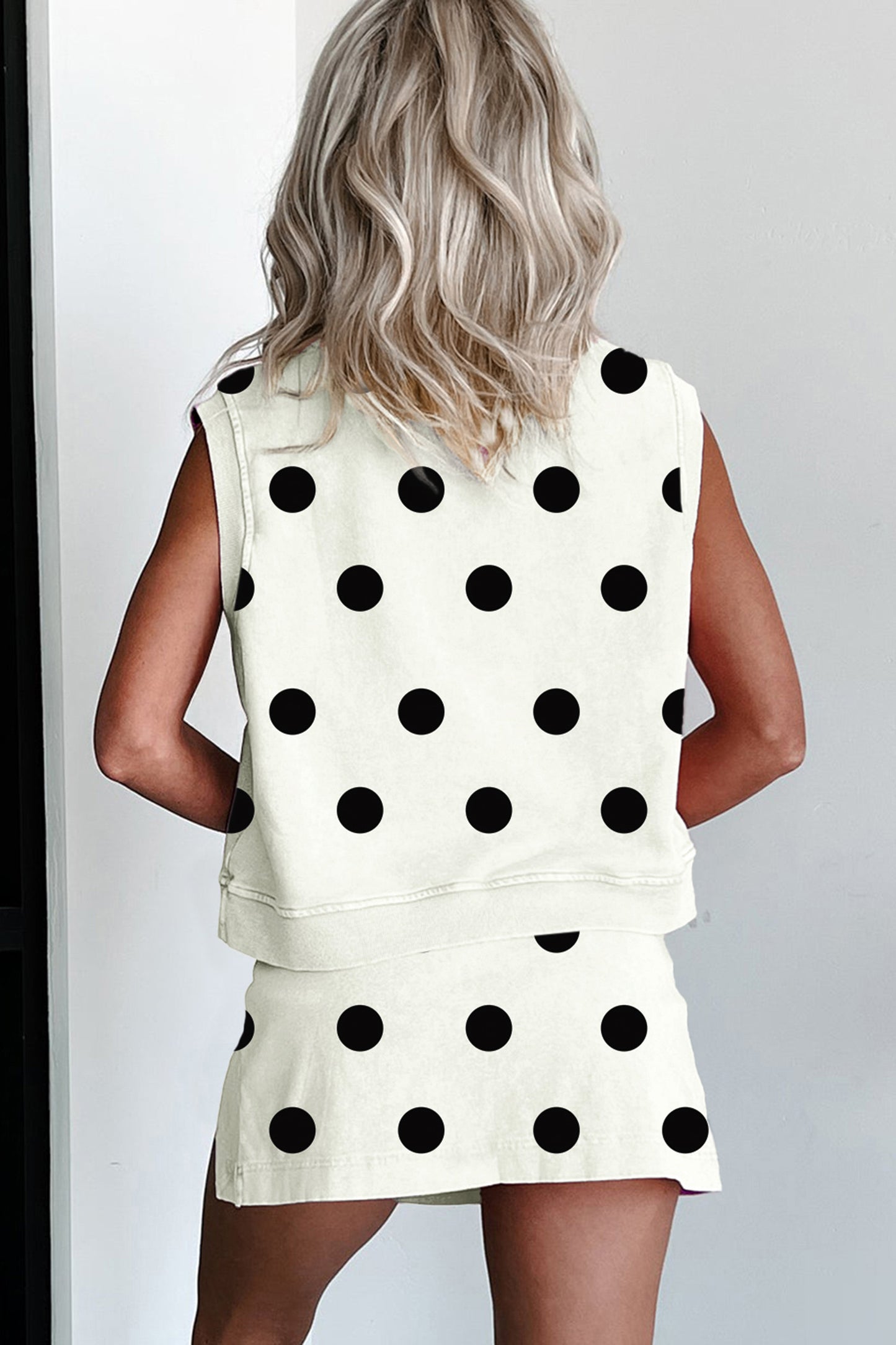 R1324 Ribbed Trim Polka Dot Print Tank Split Mini Skort 2pcs Set