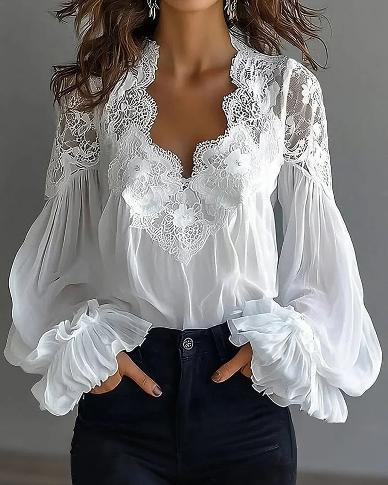 R1214 Lace-stitched puff sleeves pleated blouse