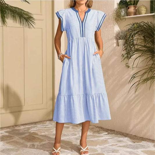 R1293 Stripe Double Ruffled Short Sleeve Long Dress
