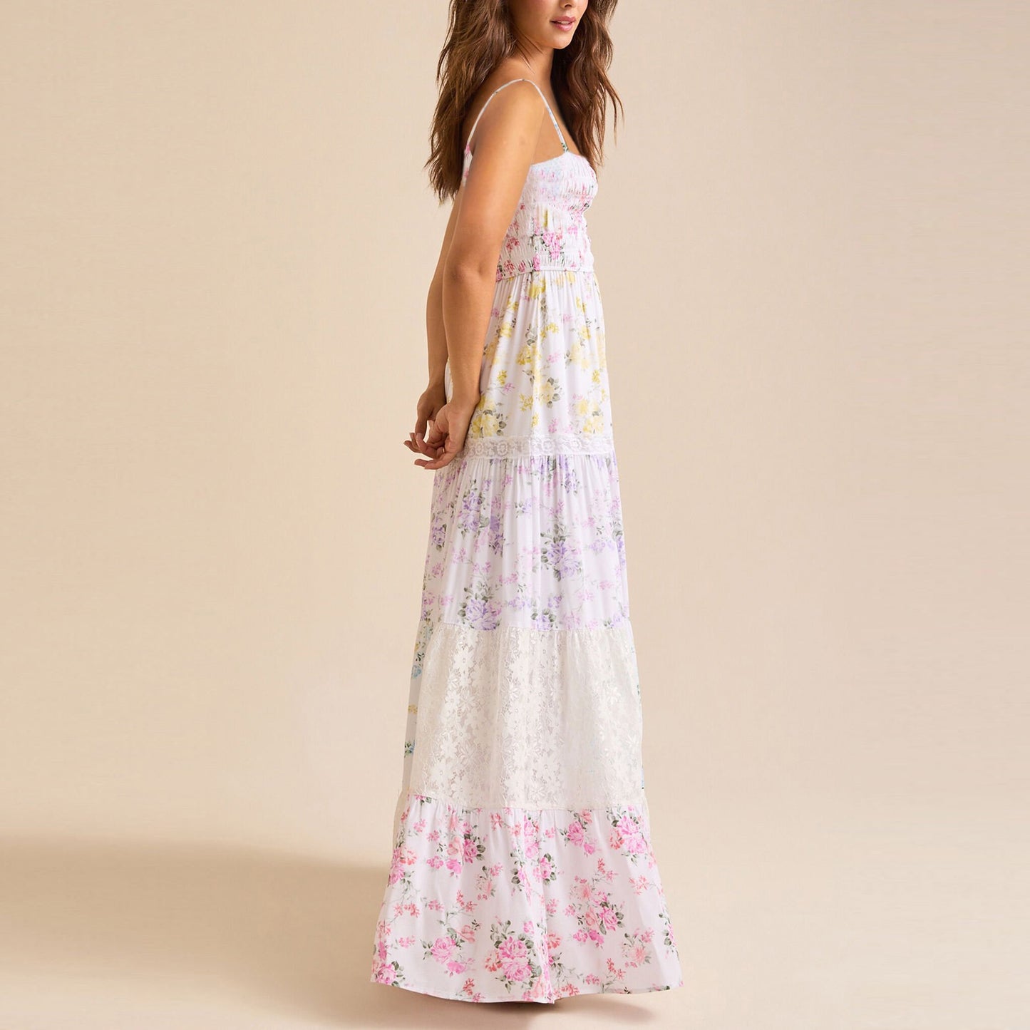 R1405 Sleeveless Floral Print Color Block Patchwork Square Neck Shirred Long Dress
