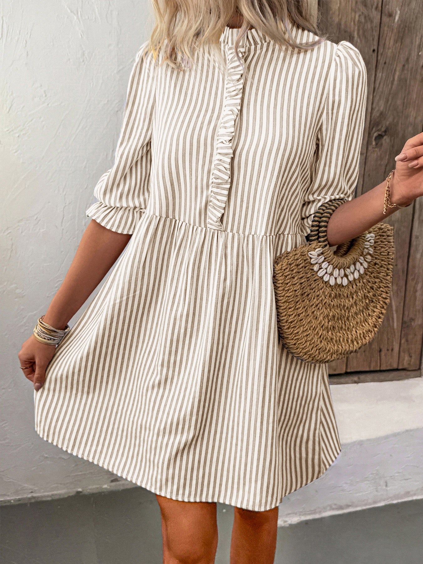 R1245 Bubble Sleeve Stand Collar Striped Dress for Women Summer