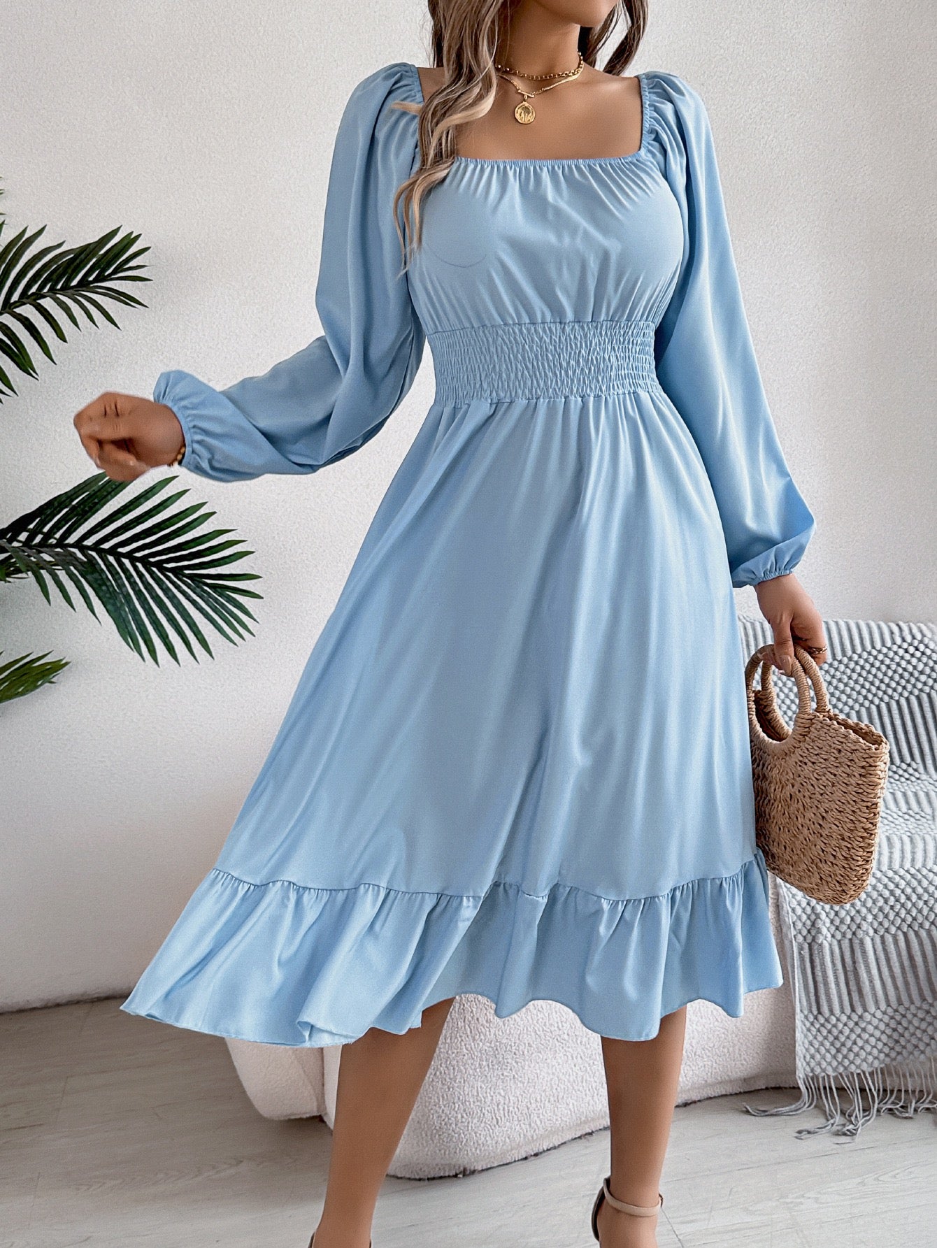 R1244 Solid-Color Square-Neck Long-Sleeve Waist-Defining Ruffle Hem Long Dress