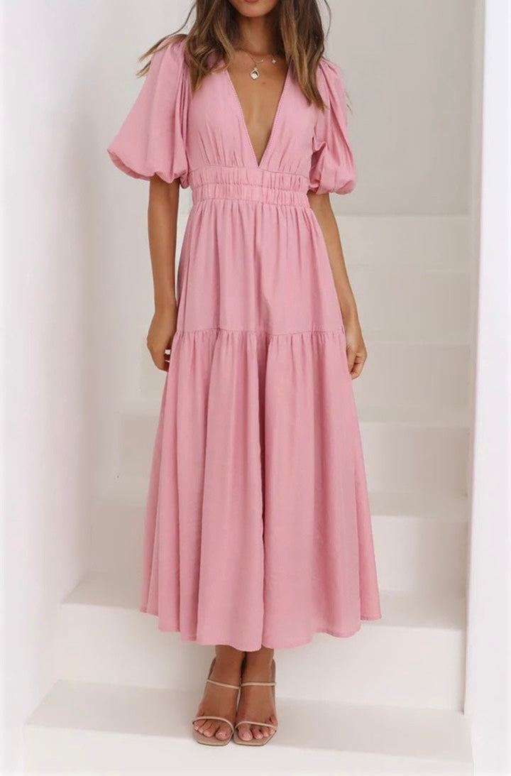 R1508 Deep V Neck Puff Sleeve Ruffle Long Dress