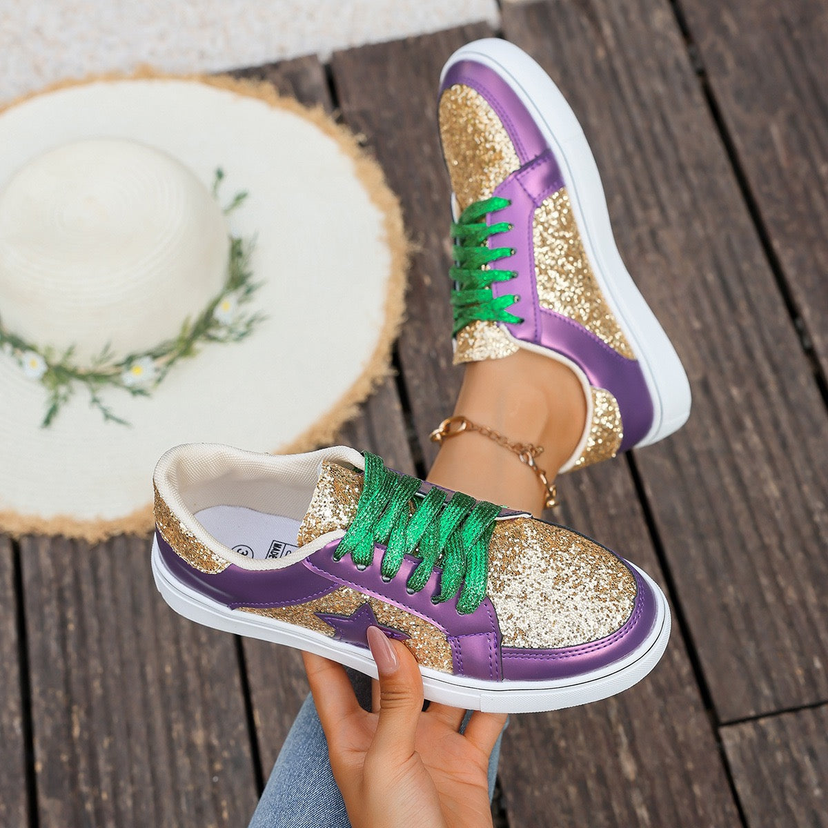 R1193 Glitter Star Pu Leather Sneakers