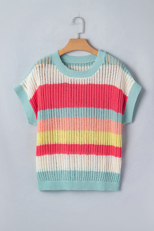 R1291 Rainbow Color Hollow Out Sweater Top