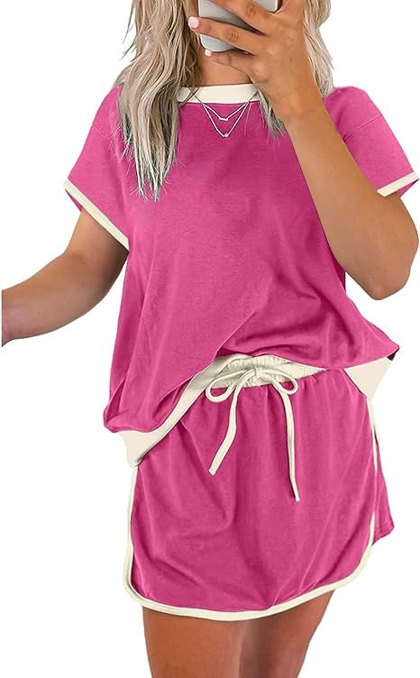 R1392 Colorblock Edge Drop Shoulder T Shirt and Skort 2Pcs Set