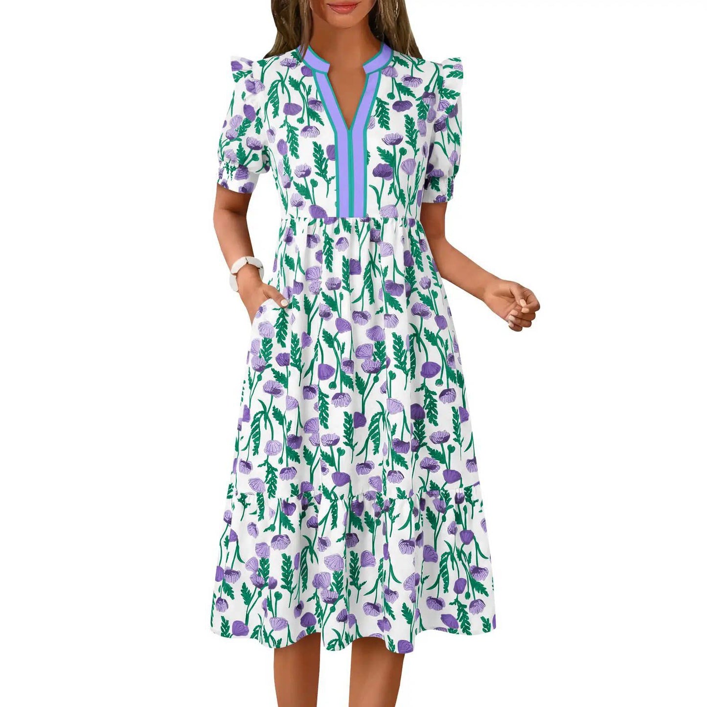 D5461 Puff Sleeve Floral Long Dress