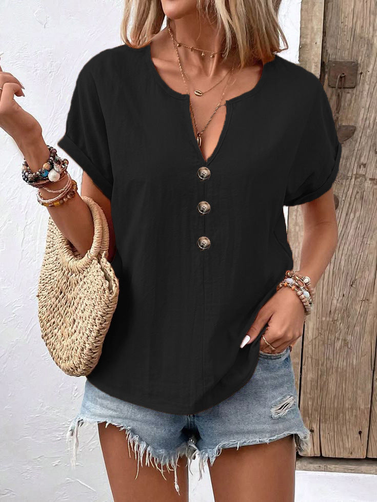D5454 Short Sleeve Button Up V Neck Shirt