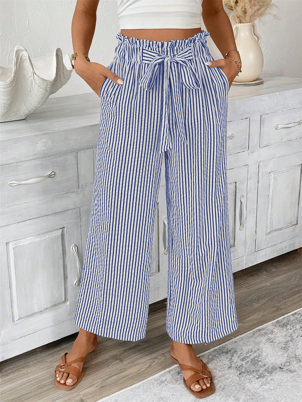 D5453 Summer Bow Knot Stripe Pocket Pants
