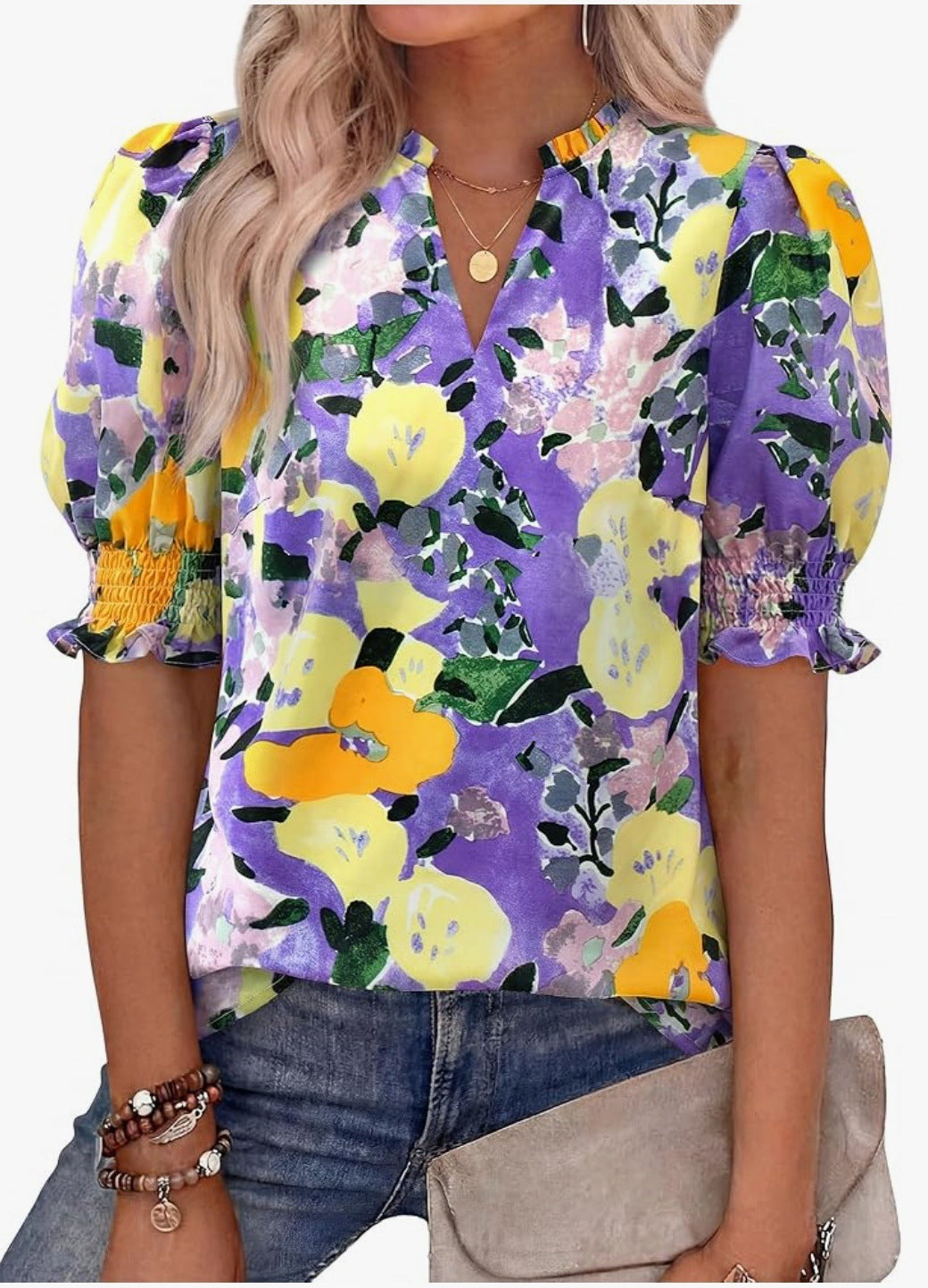 R5474 Puff Sleeve Floral Blouse
