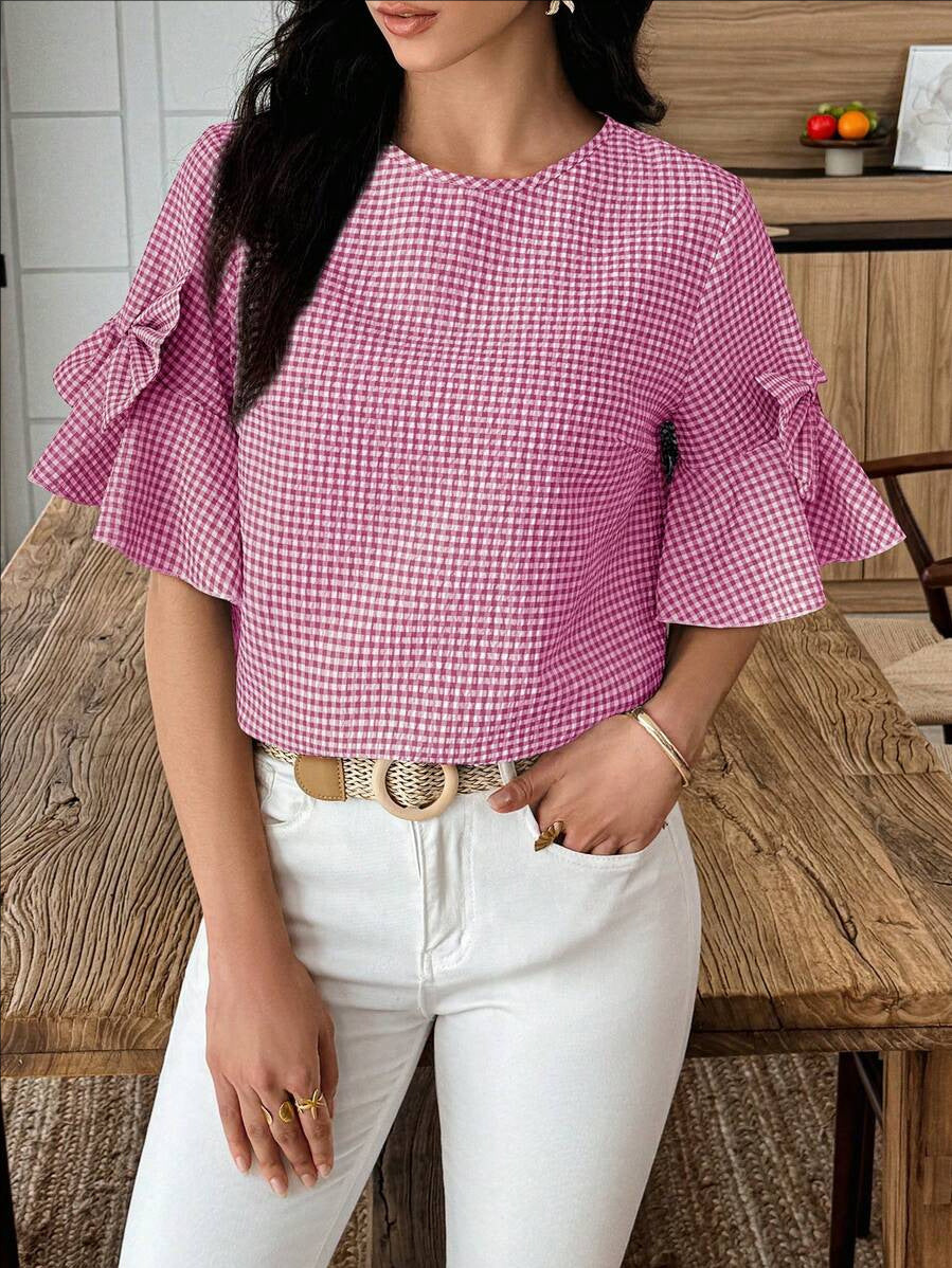 D5491 Bowknot decorated checkered top, ruffled cuffs, puffed sleeves top