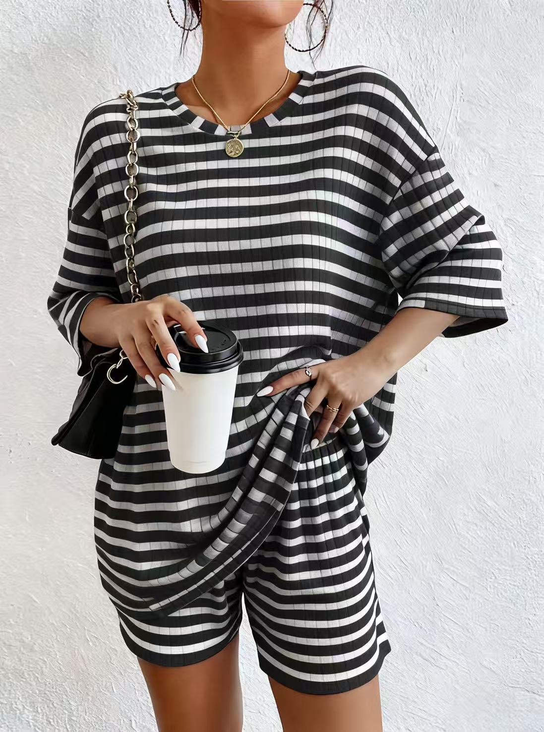 D5466 Spring Striped Two Pieces Ribbed Set