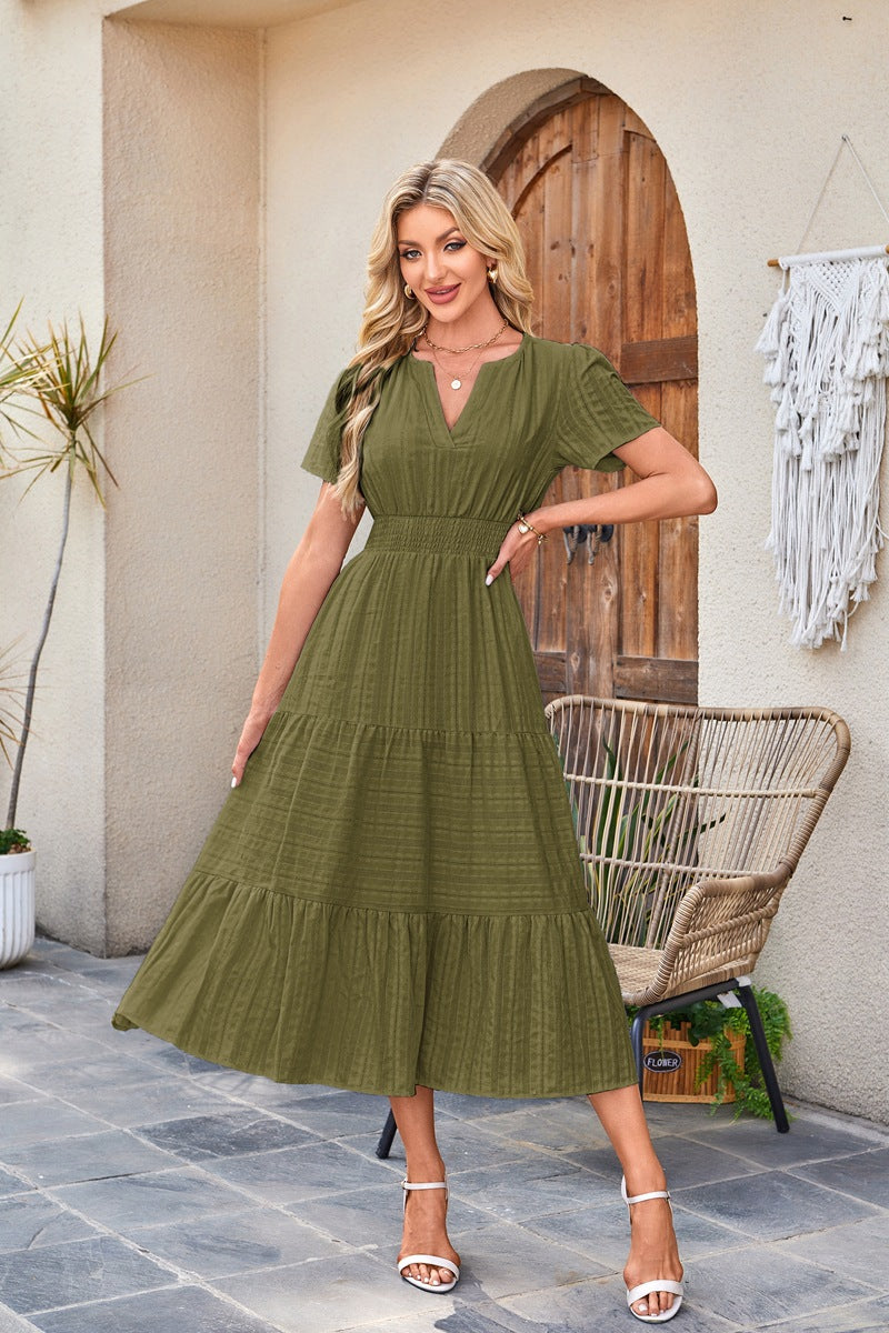 D5479 Solid Color Ruffle Dress Big Hem Long Dress